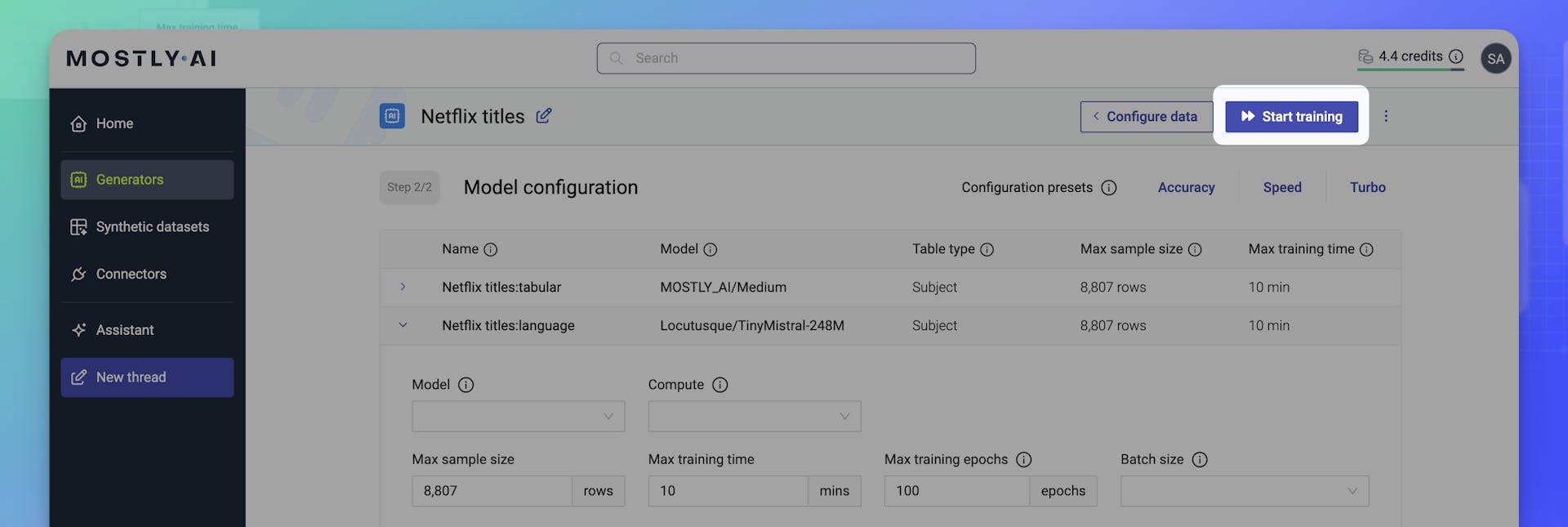 MOSTLY AI Unstructured text - Start training