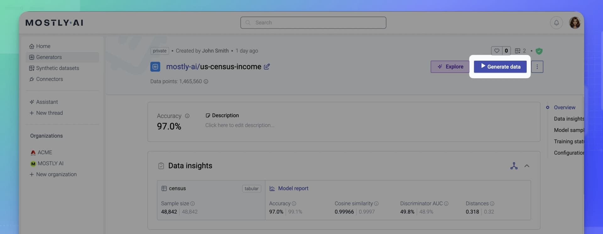 MOSTLY AI - Synthetic datasets - Create a new synthetic dataset from inside a generator