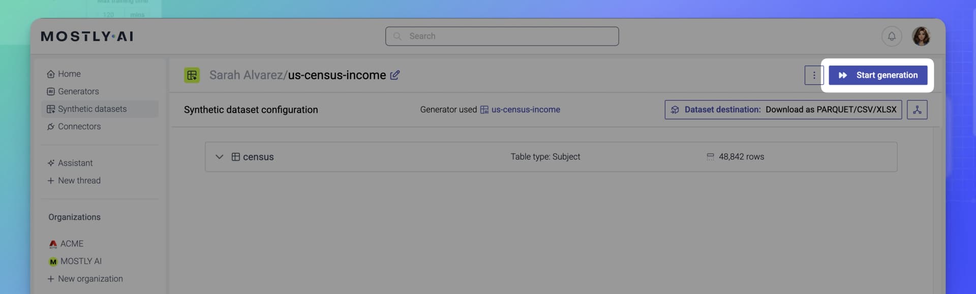 MOSTLY AI - Synthetic datasets - Click Start generation