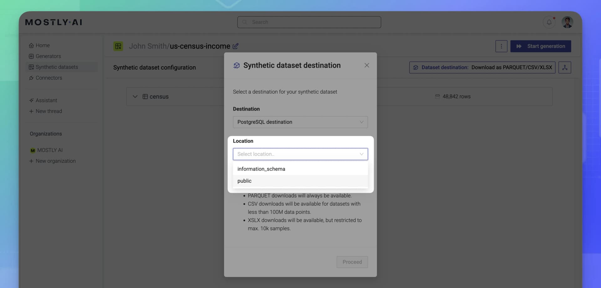 Configure synthetic dataset destination - Location drop-down menu for databases