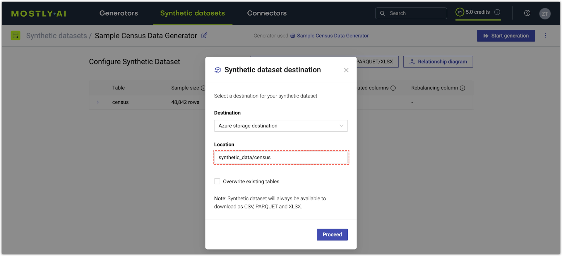 Configure synthetic dataset destination - Location drop-down menu for cloud buckets