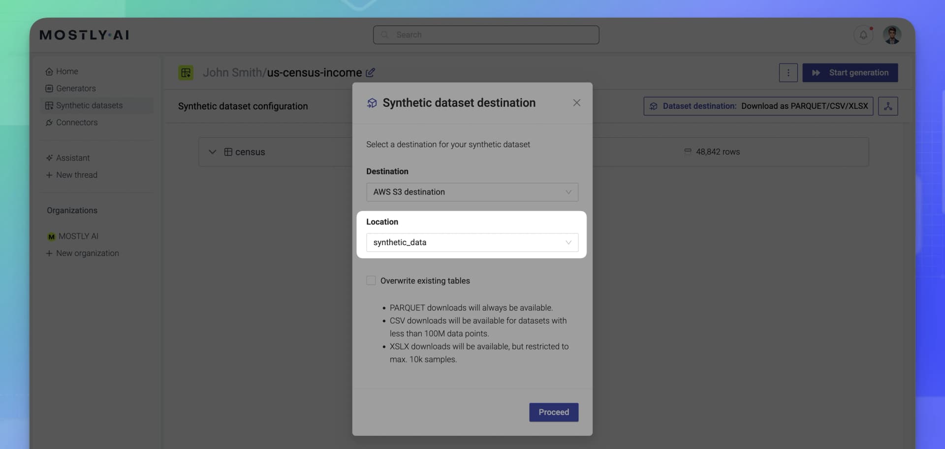 Configure synthetic dataset destination - Location drop-down menu for cloud buckets