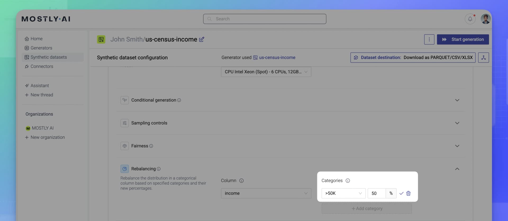 MOSTLY AI - Synthetic datasets - Rebalance category by percentage
