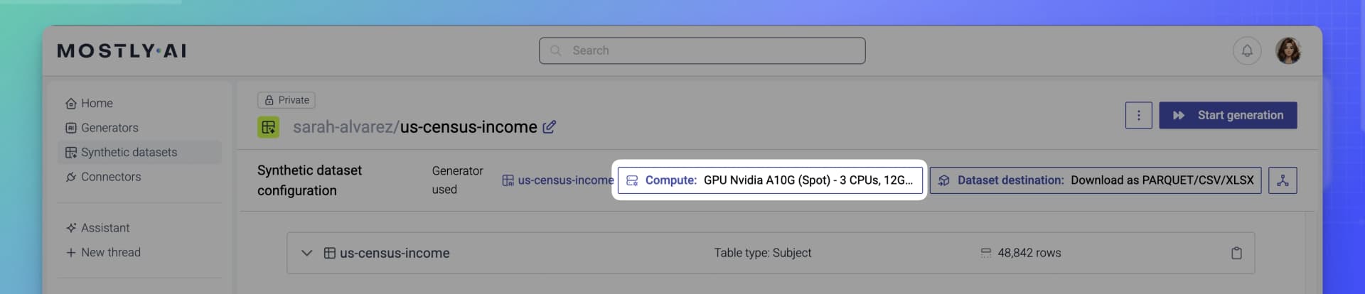 Configure a synthetic datasets - Select a compute environment - 01 - Click Compute