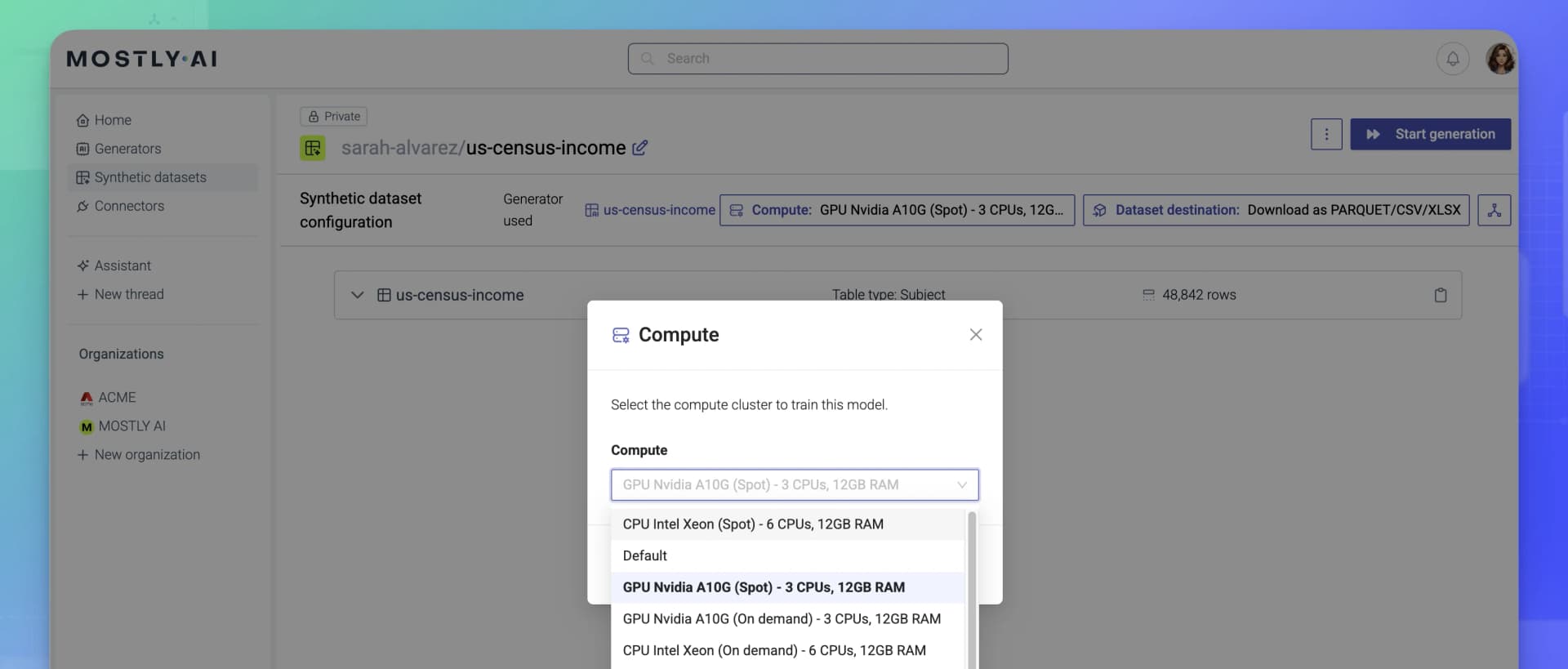 Configure a synthetic datasets - Select a compute environment - 01 - Select compute