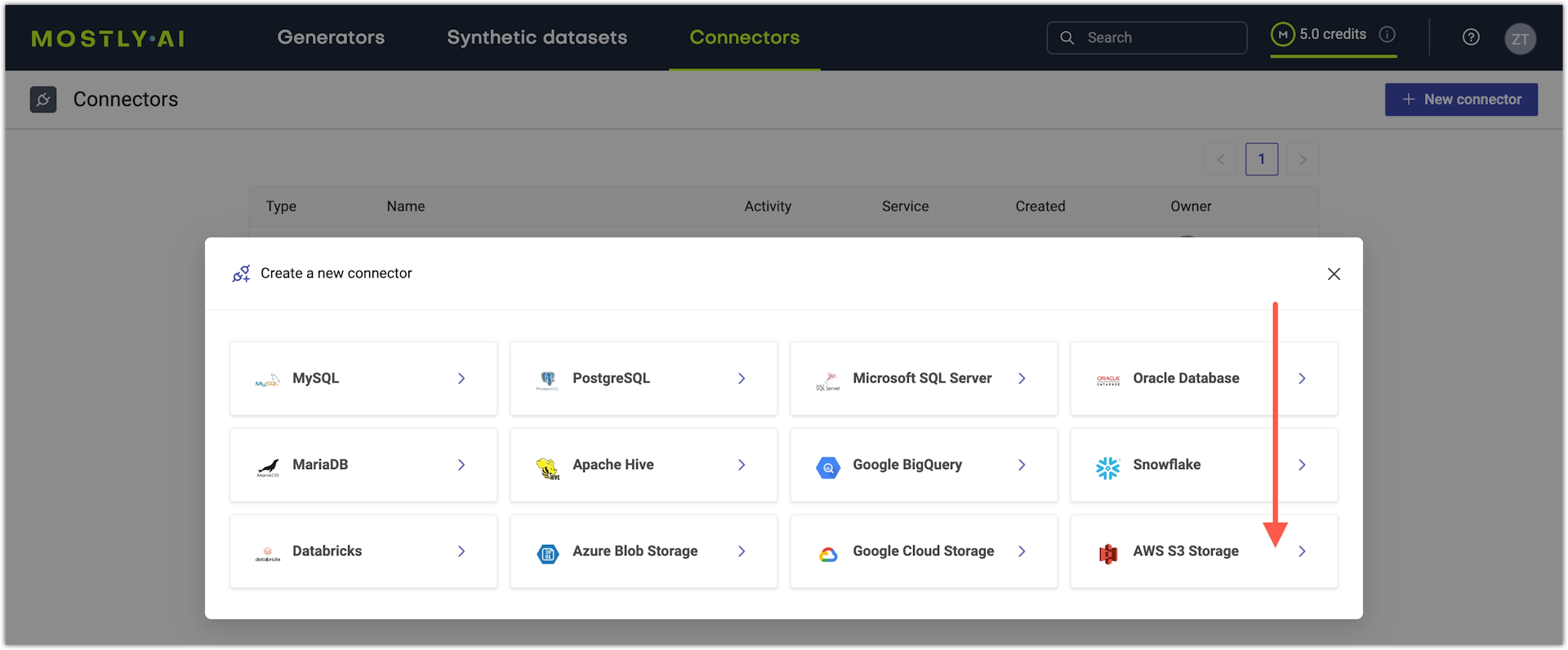 Select AWS S3 storage connector