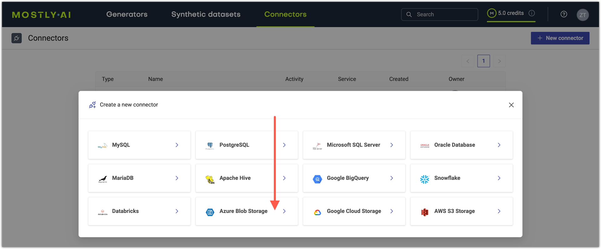 Select Azure storage connector