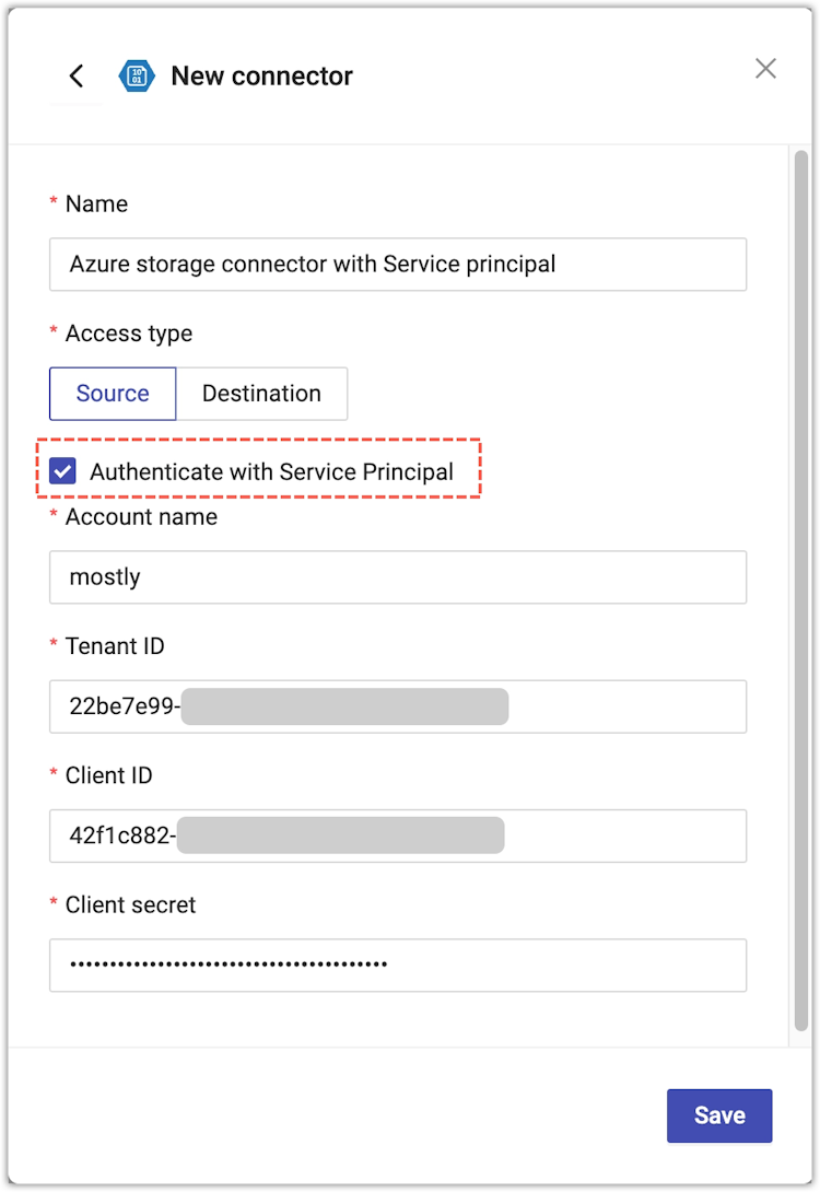 Configure Azure blob storage connector - Authenticate with Service Principal