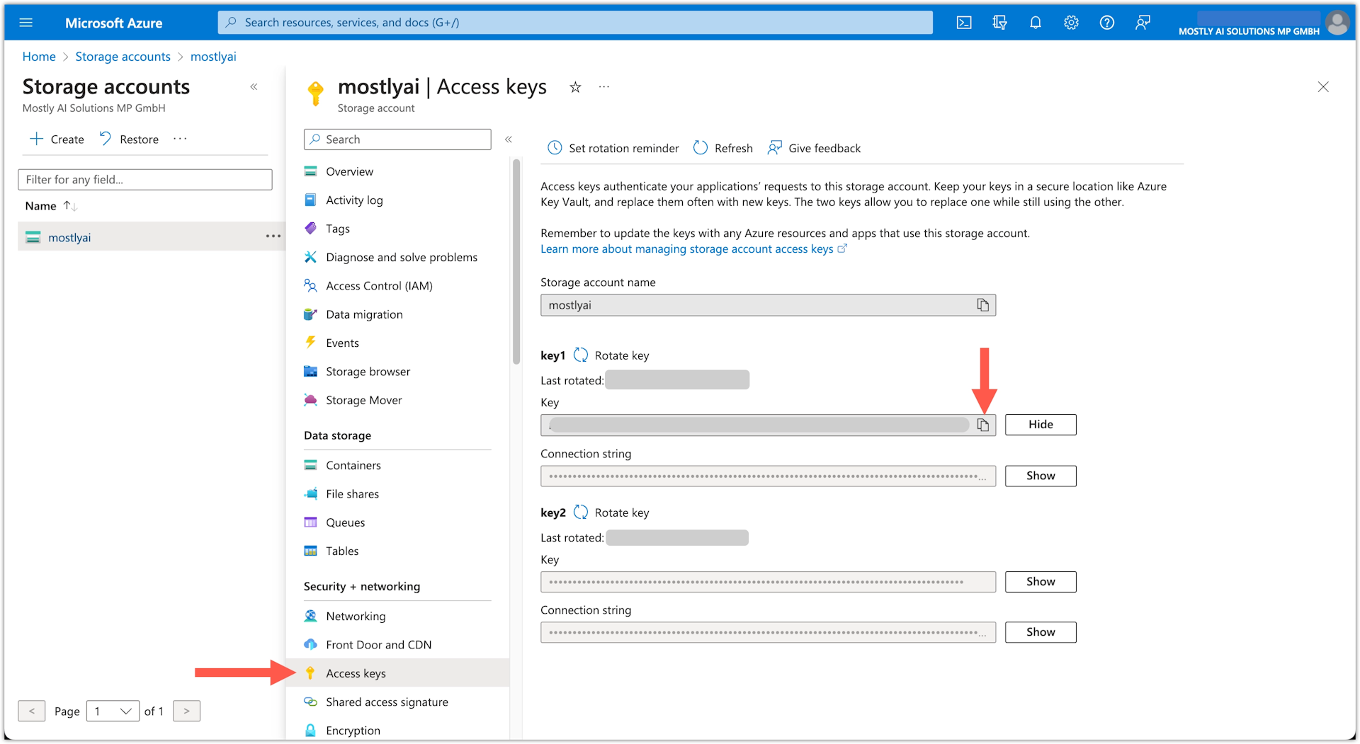 Azure Storage account - copy access key