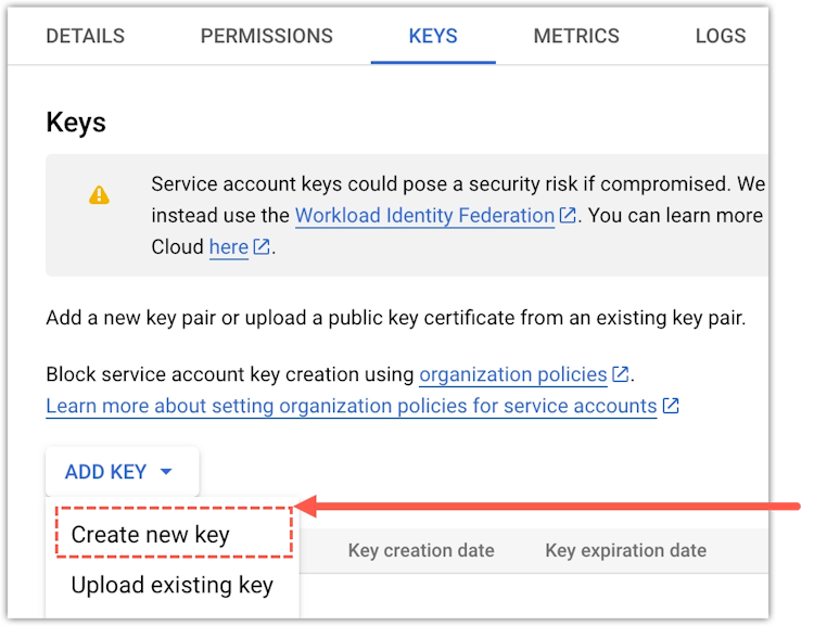 Google Cloud BigQuery - Click Add key and select New key