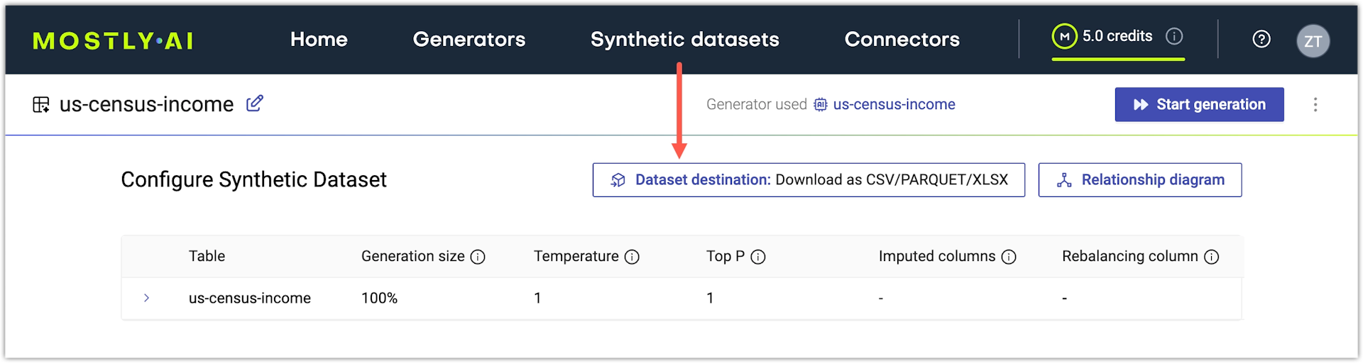 Synthetic dataset configuration - click Dataset destination