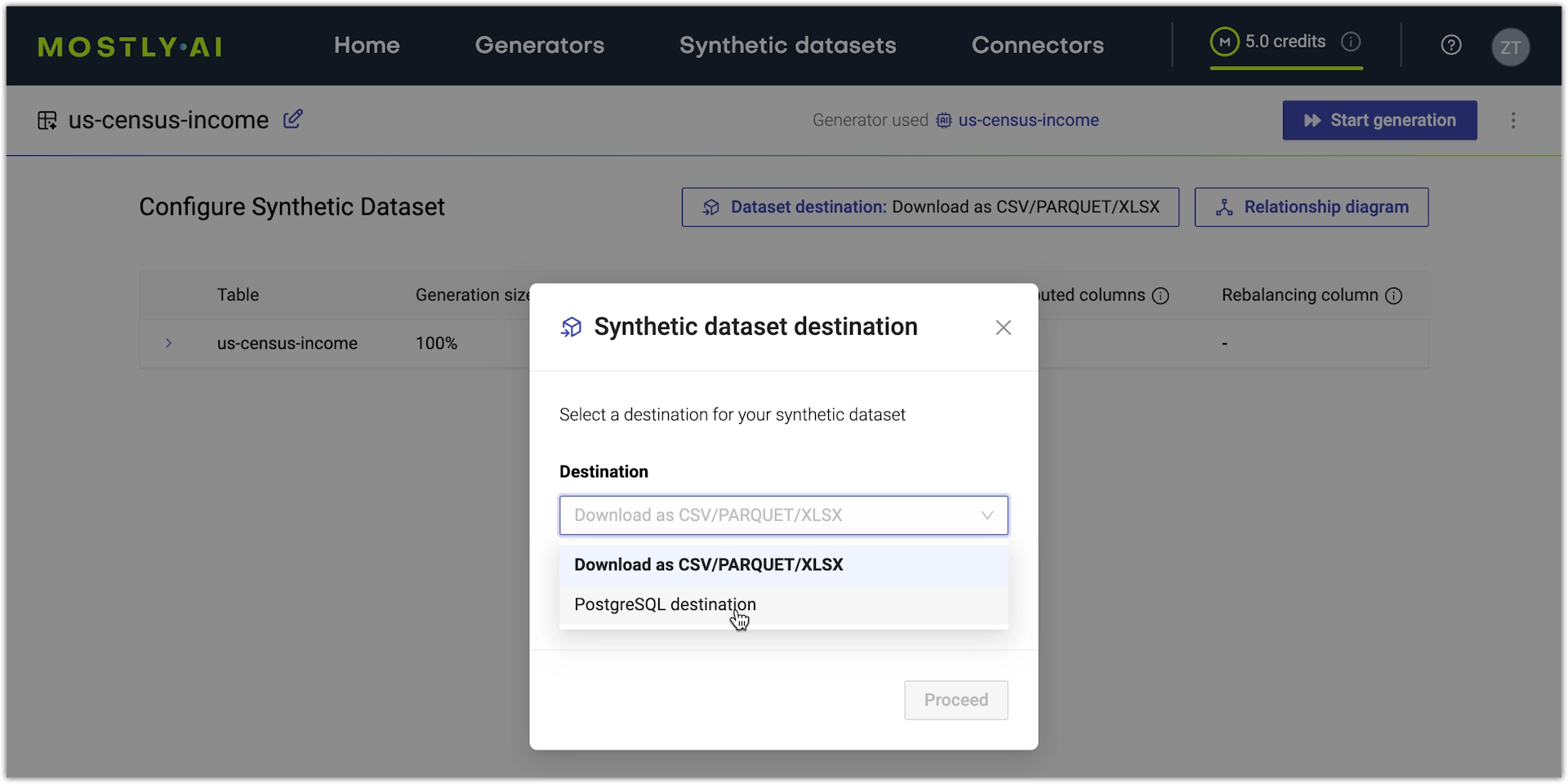 Synthetic dataset configuration - Select a destinaiton connector