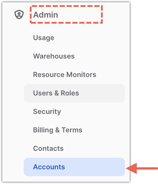 Snowflake open Admin > Accounts