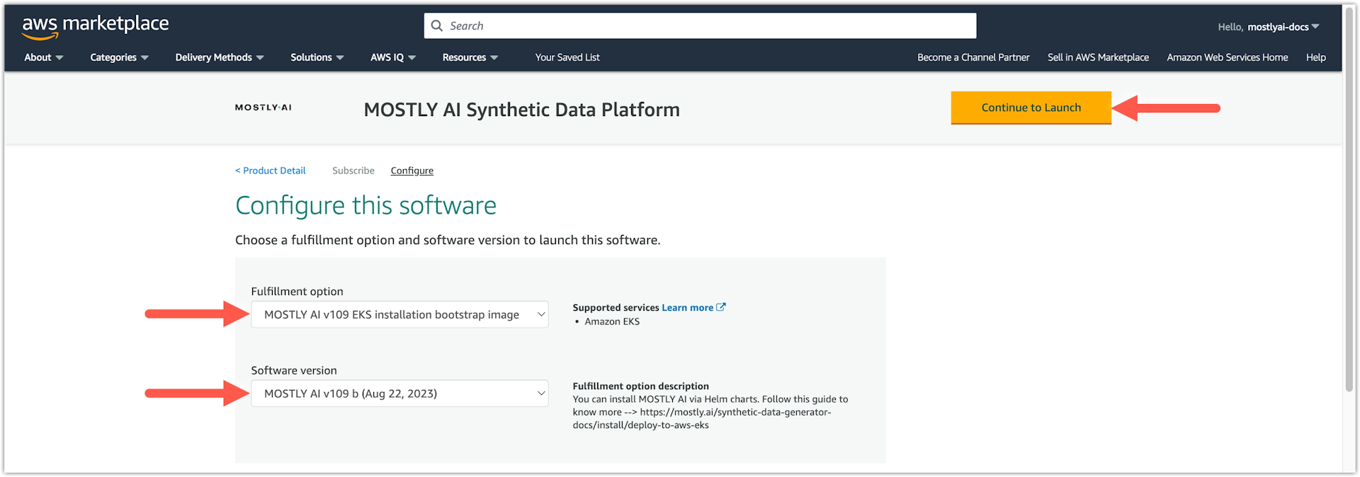 AWS Marketplace - Click Continue to Launch