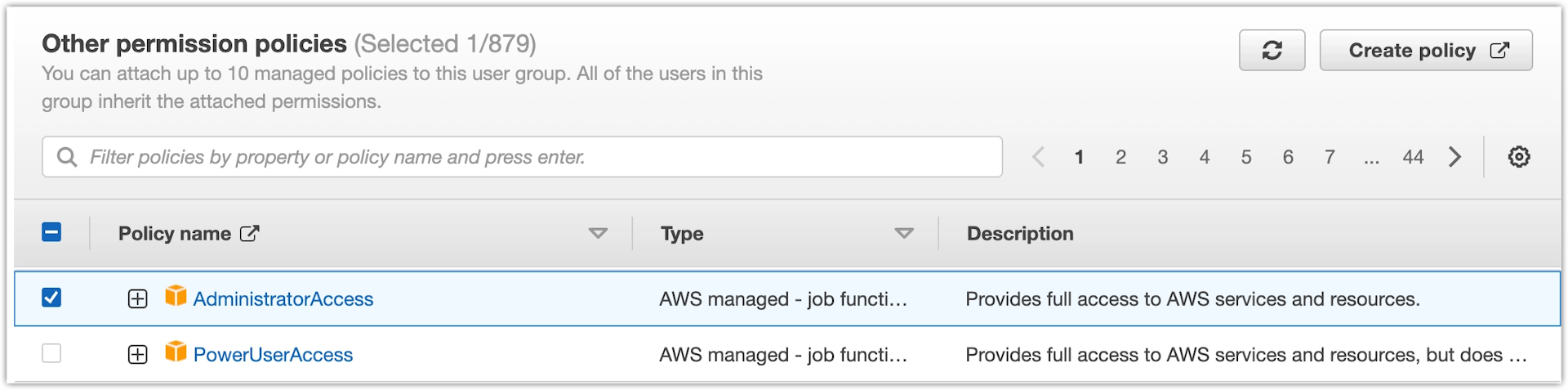 AWS IAM User group - Select Administrator Access policy