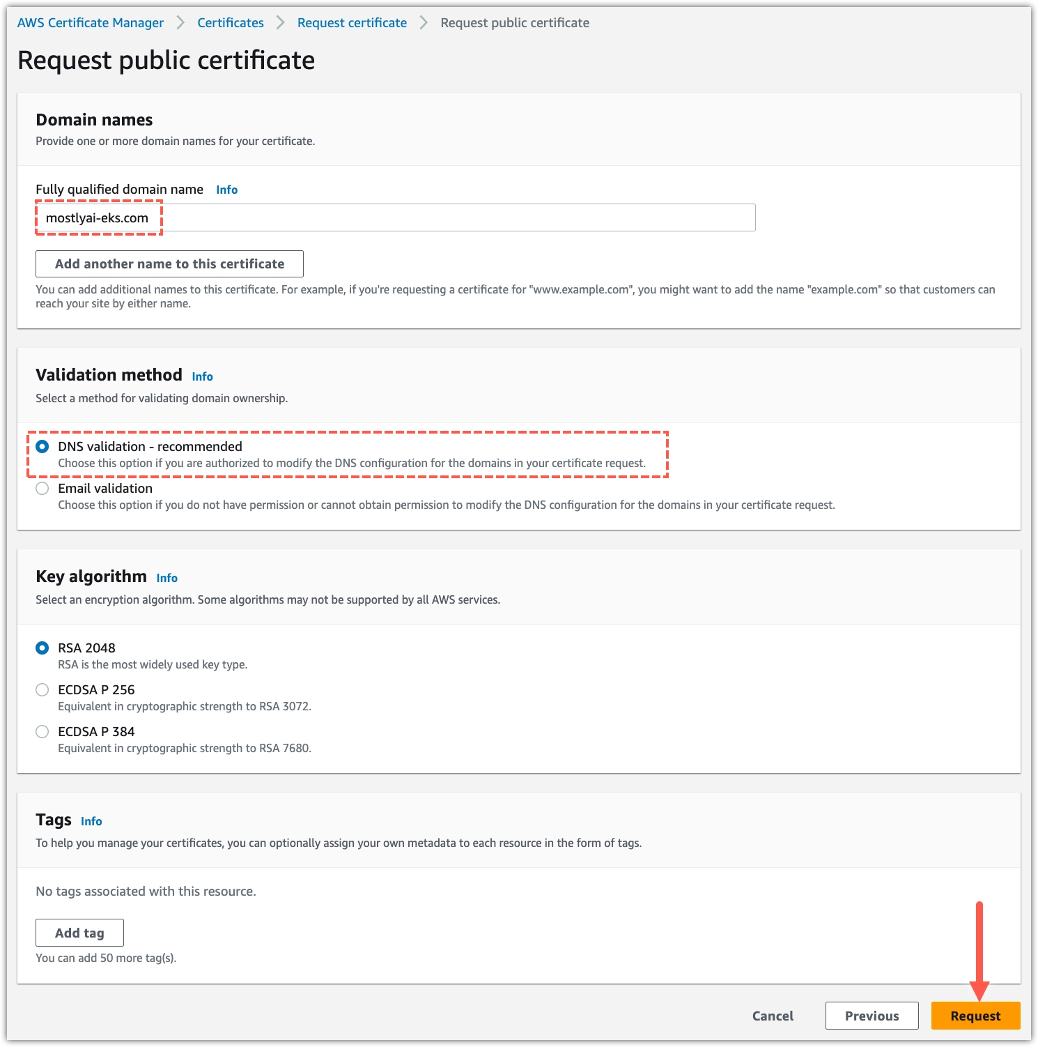 AWS Certificate Manager - type FQDN select DNS validation and request