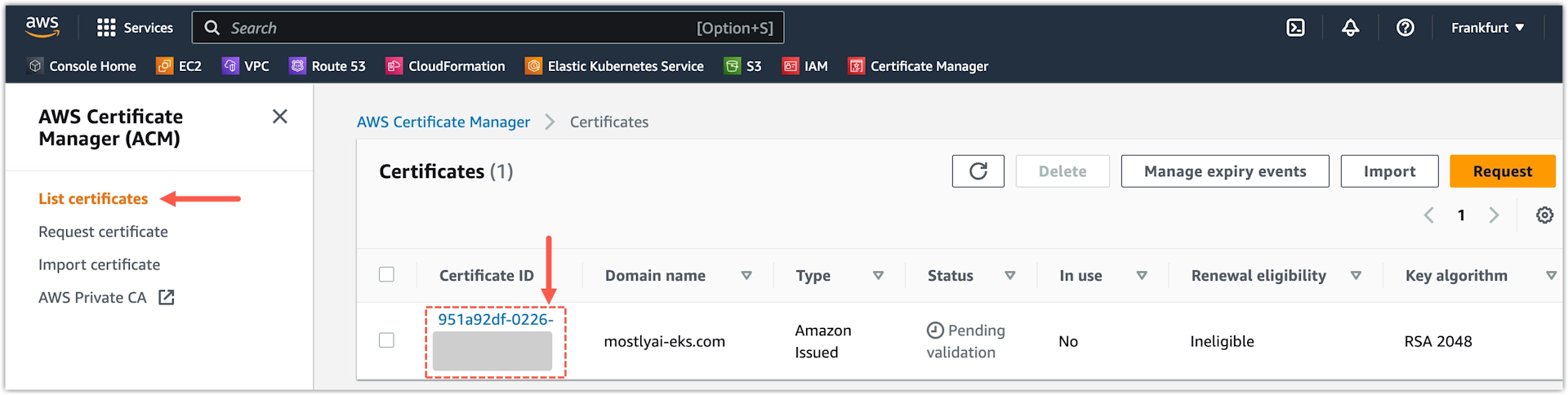 AWS Certificate Manager - open the certificate request with pending validation