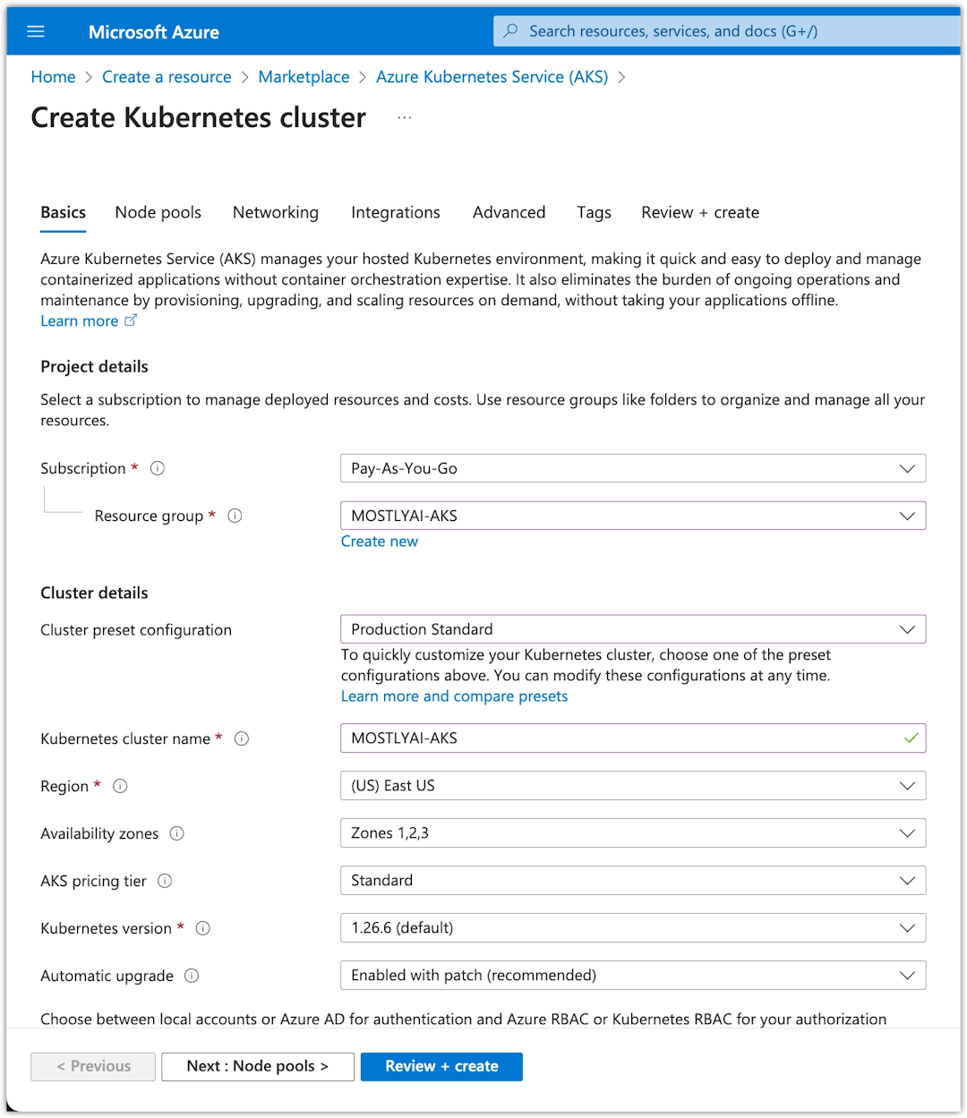 Azure - Create AKS cluster - Configure Basic page of Create cluster wizard