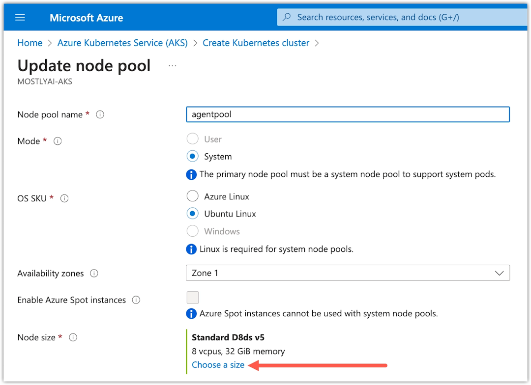 Azure - Create AKS cluster - Choose a node size