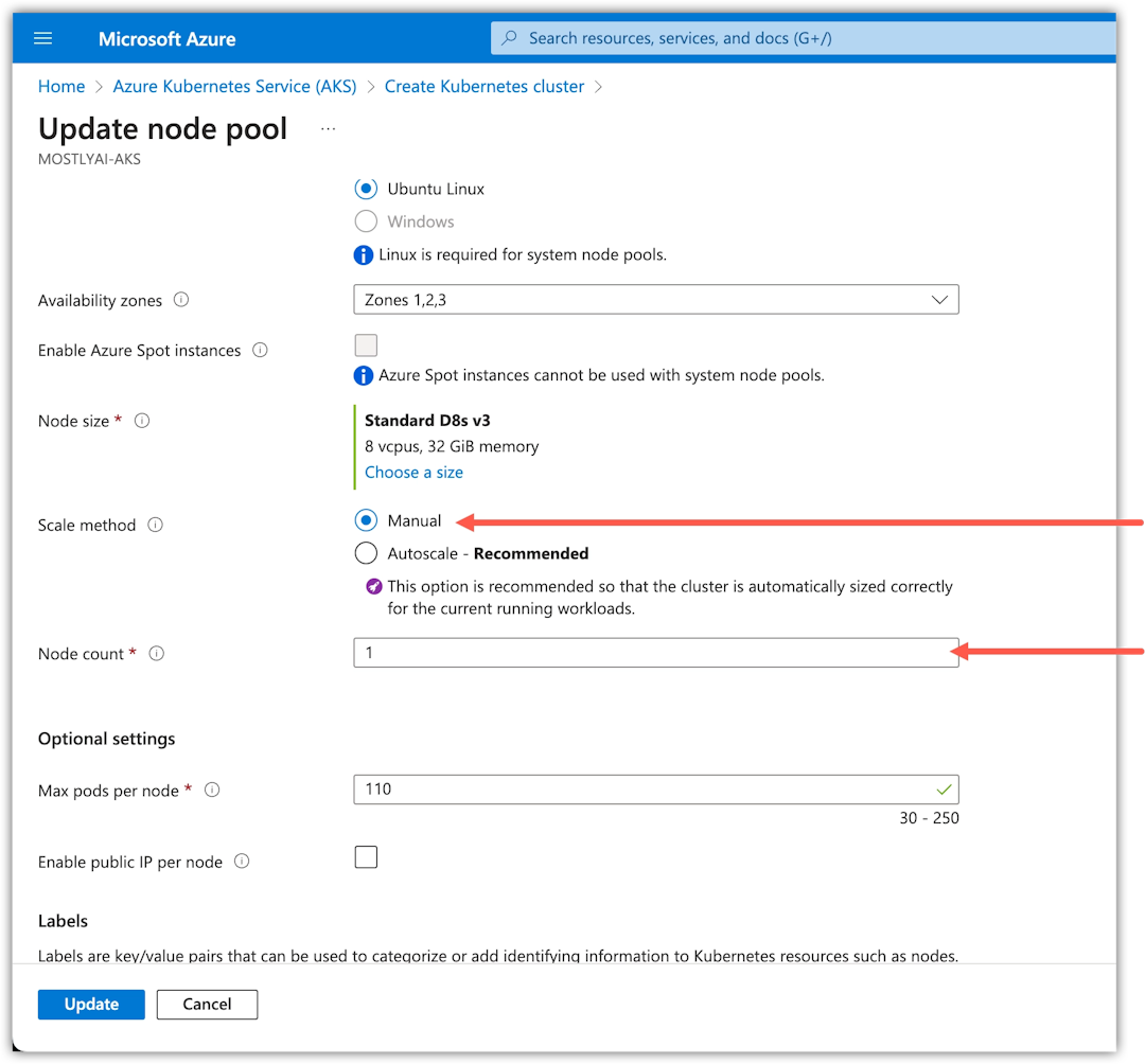 Azure - Create AKS cluster - Select Scale method and Node count