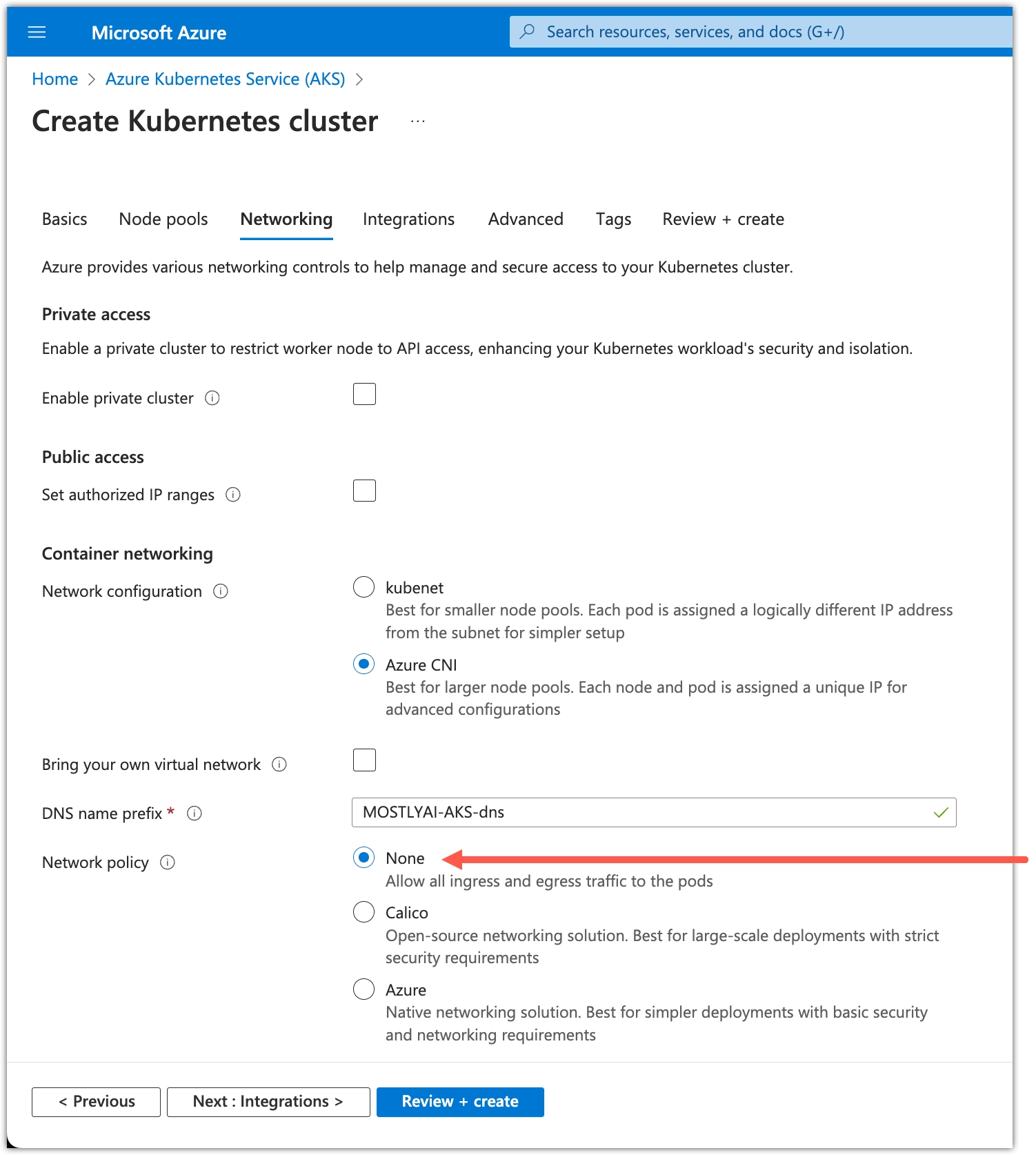Azure - Select Network policy - None