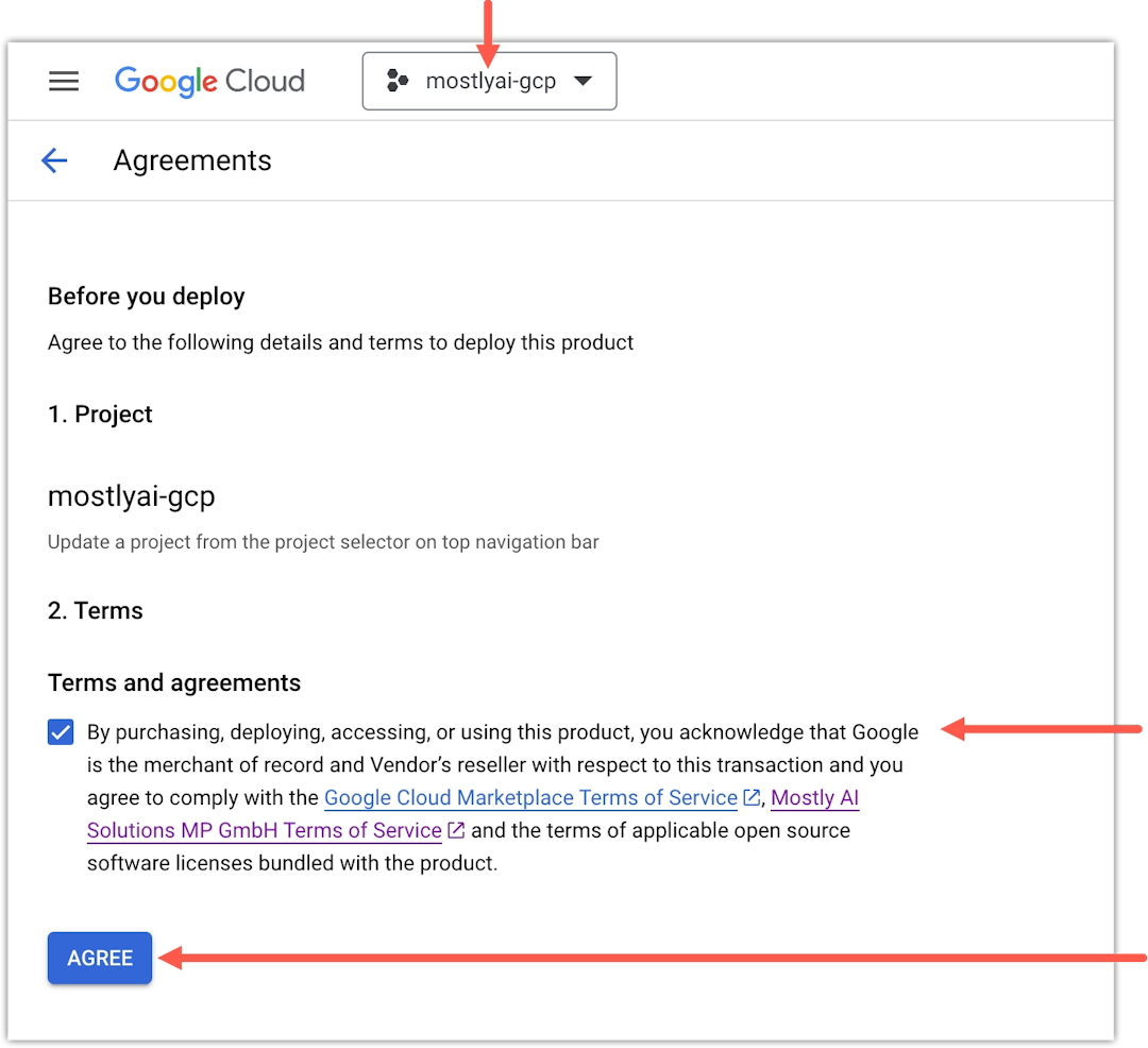 GCP Marketplace - Select Google Cloud project and click Agree