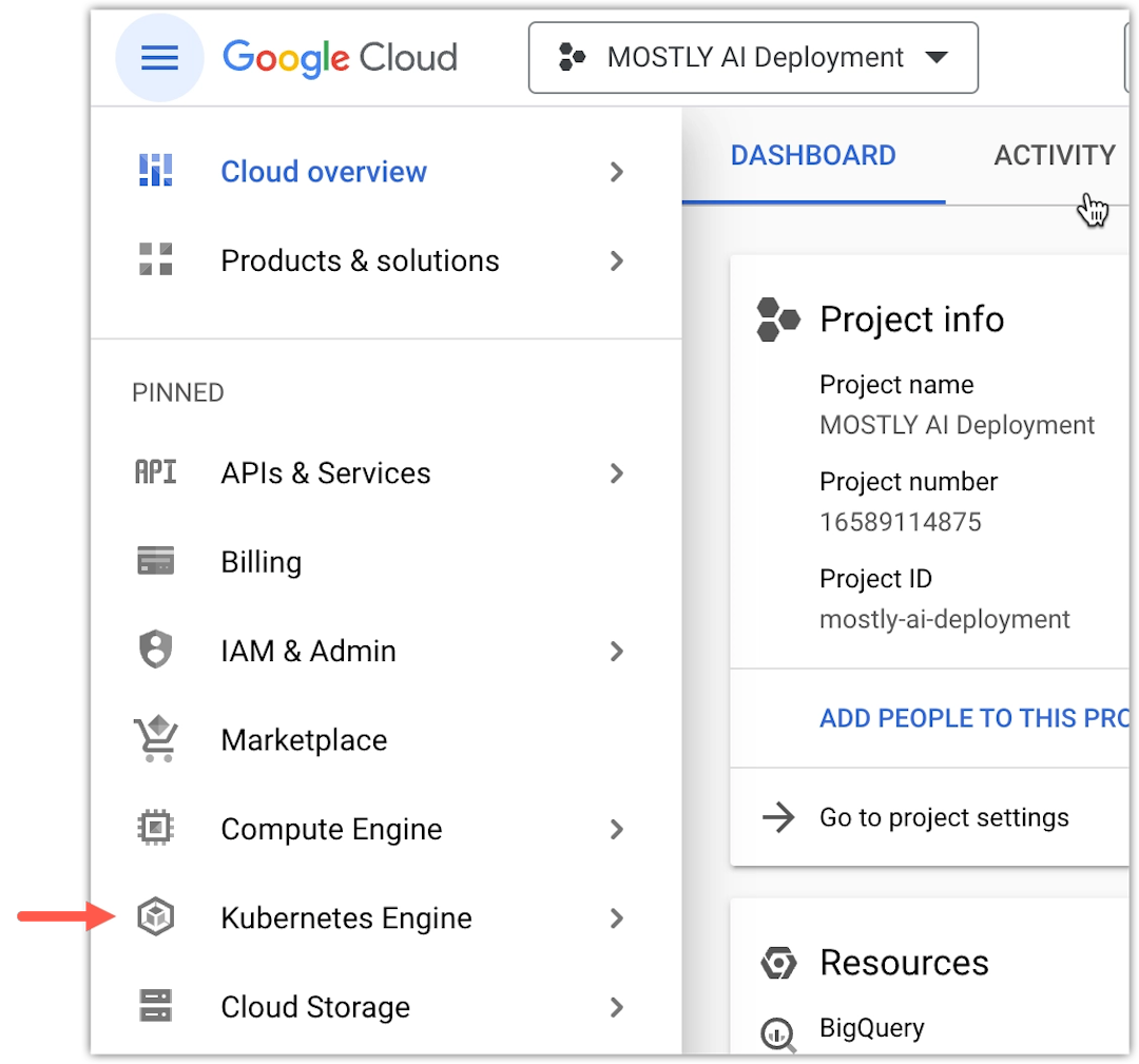 Google Cloud project - select Kubernetes Engine