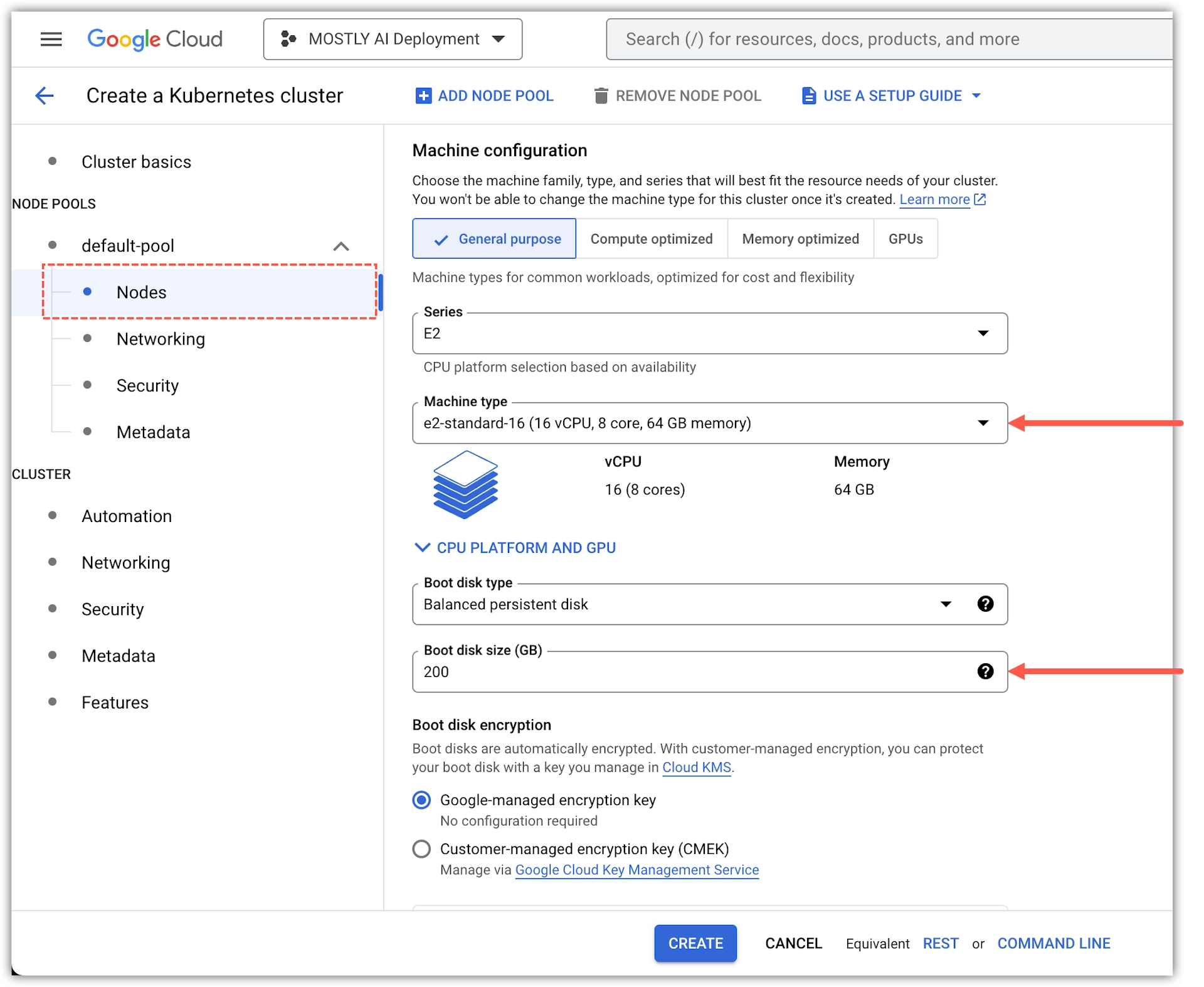 Google Cloud GKE - Configure compute and disk space