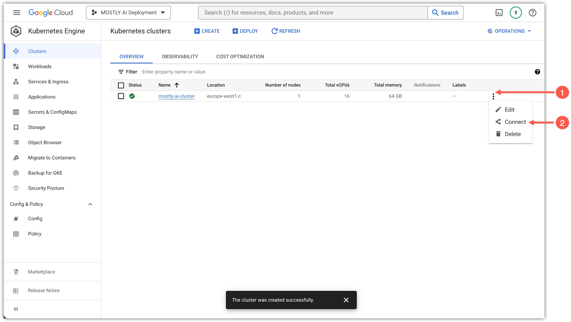 Google Cloud GKE - Select Connect to cluster
