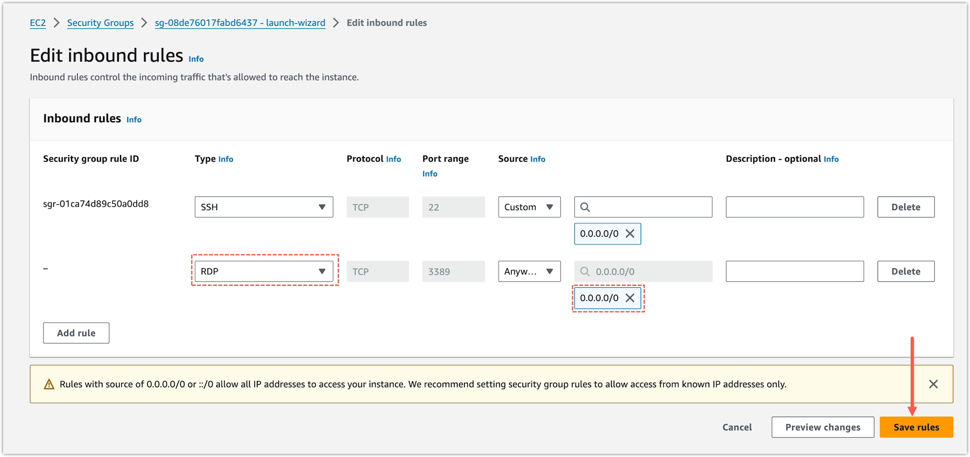 AWS EC2 Security - Select type and CIDR