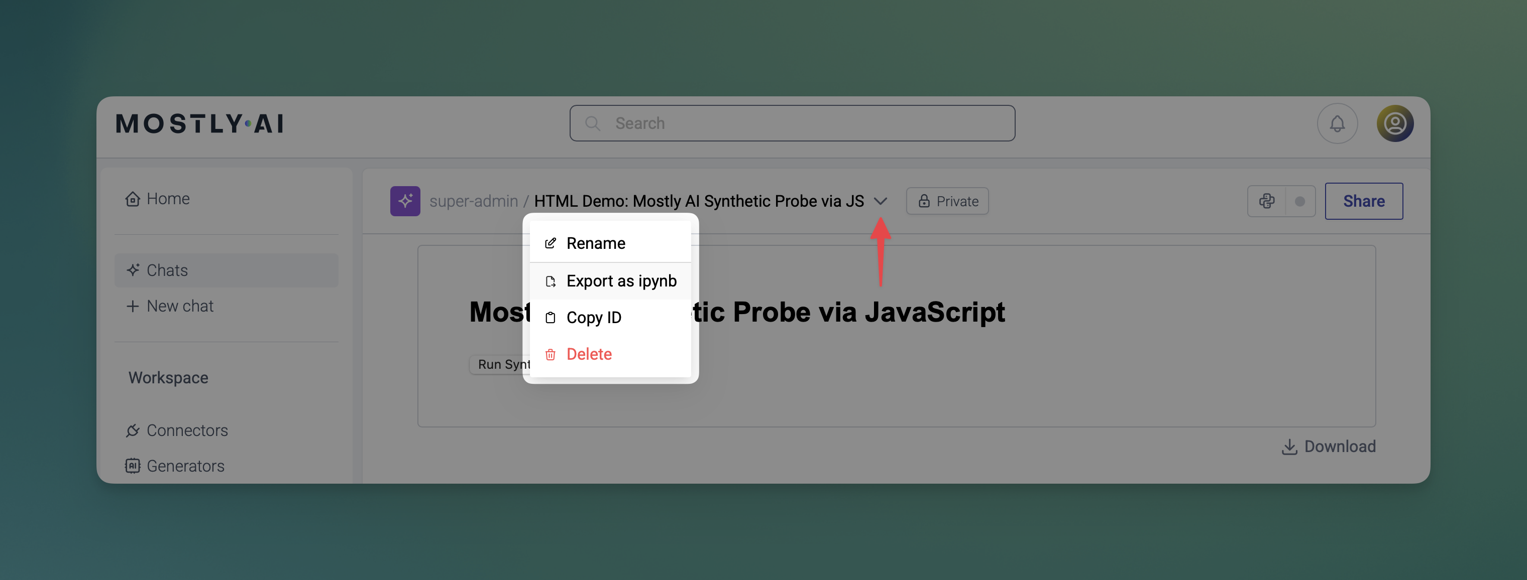 MOSTLY AI - Assistant - Export as Jupyter Notebook - Click kebab menu