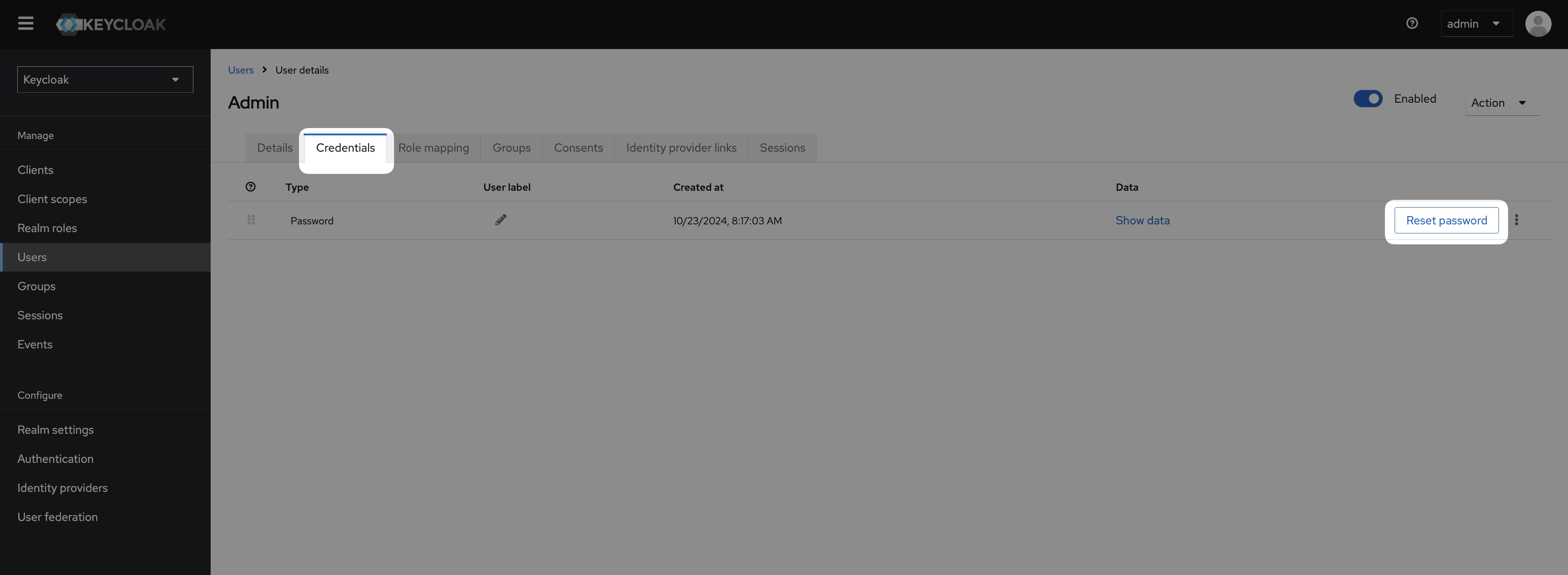 Keycloak reset password