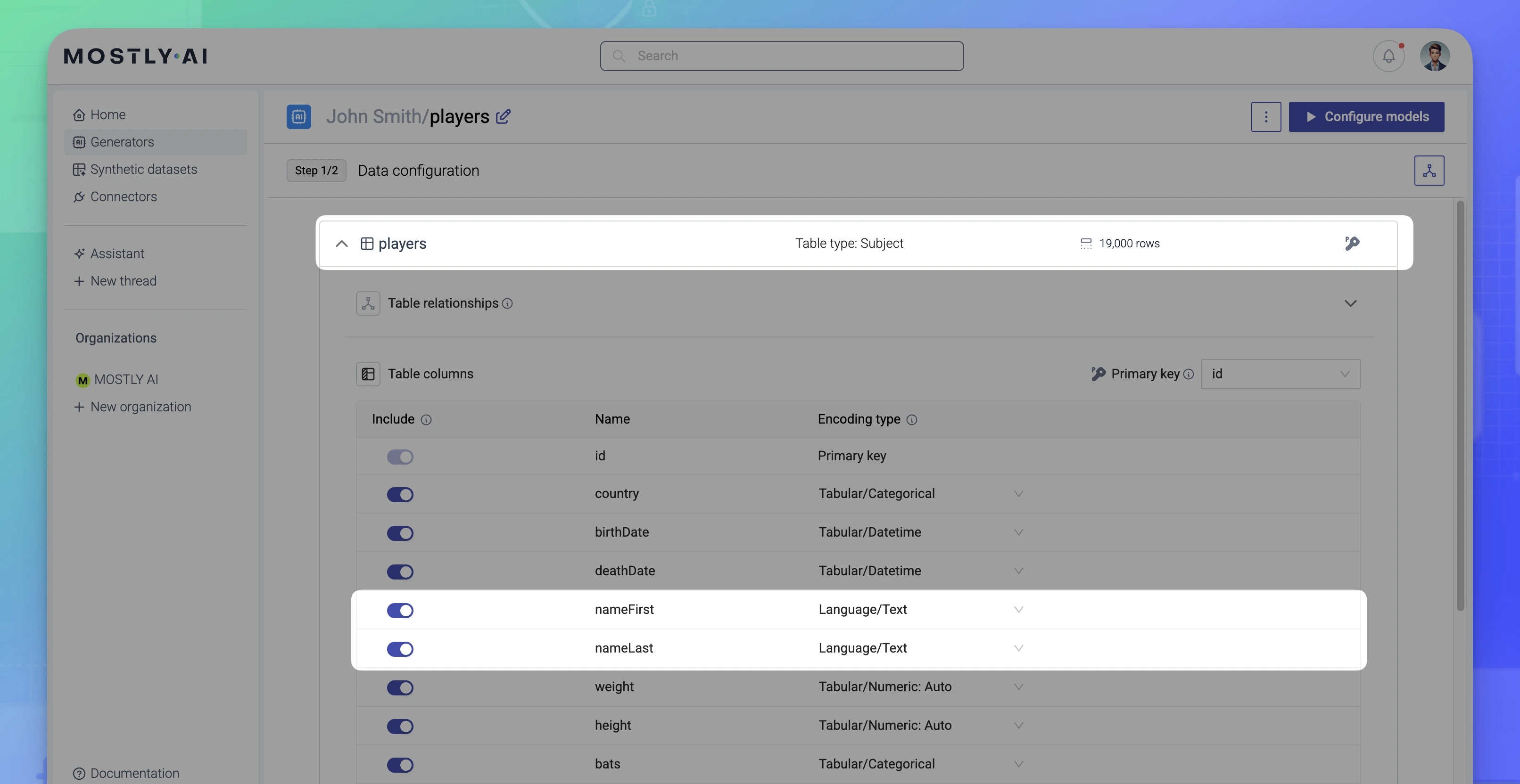Conditional simulation - Example 03 - Generator with baseball/players table - names set to Language/Text