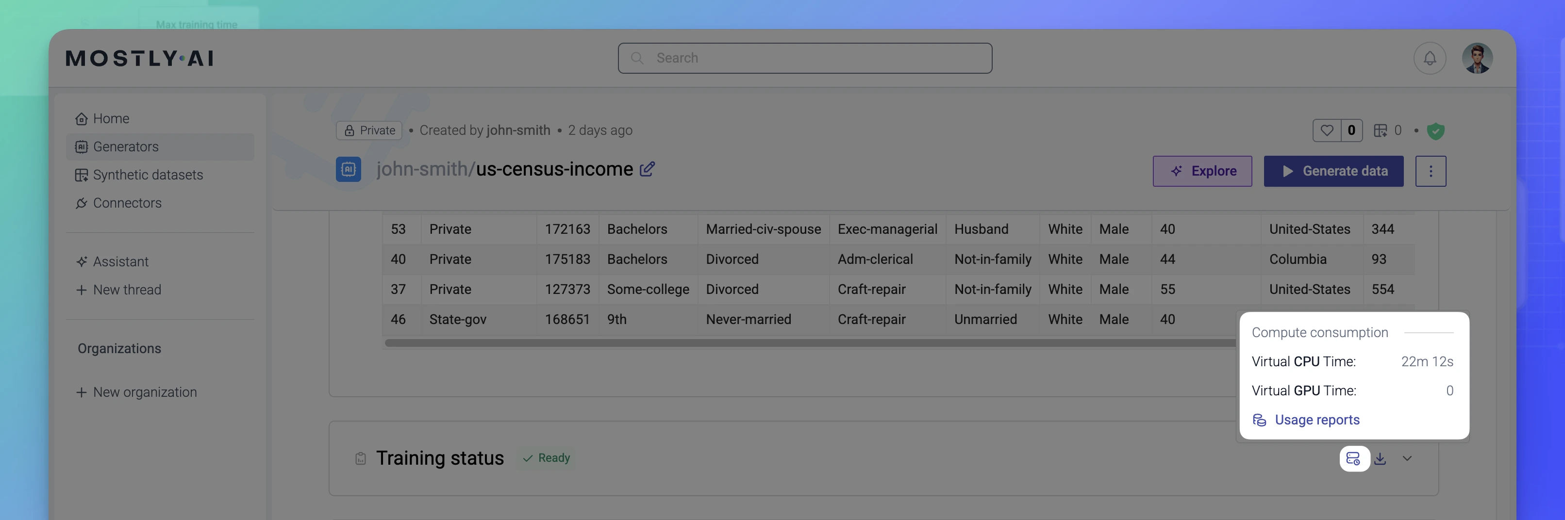 MOSTLY AI - Usage and credits - Virtual CPU and GPU times