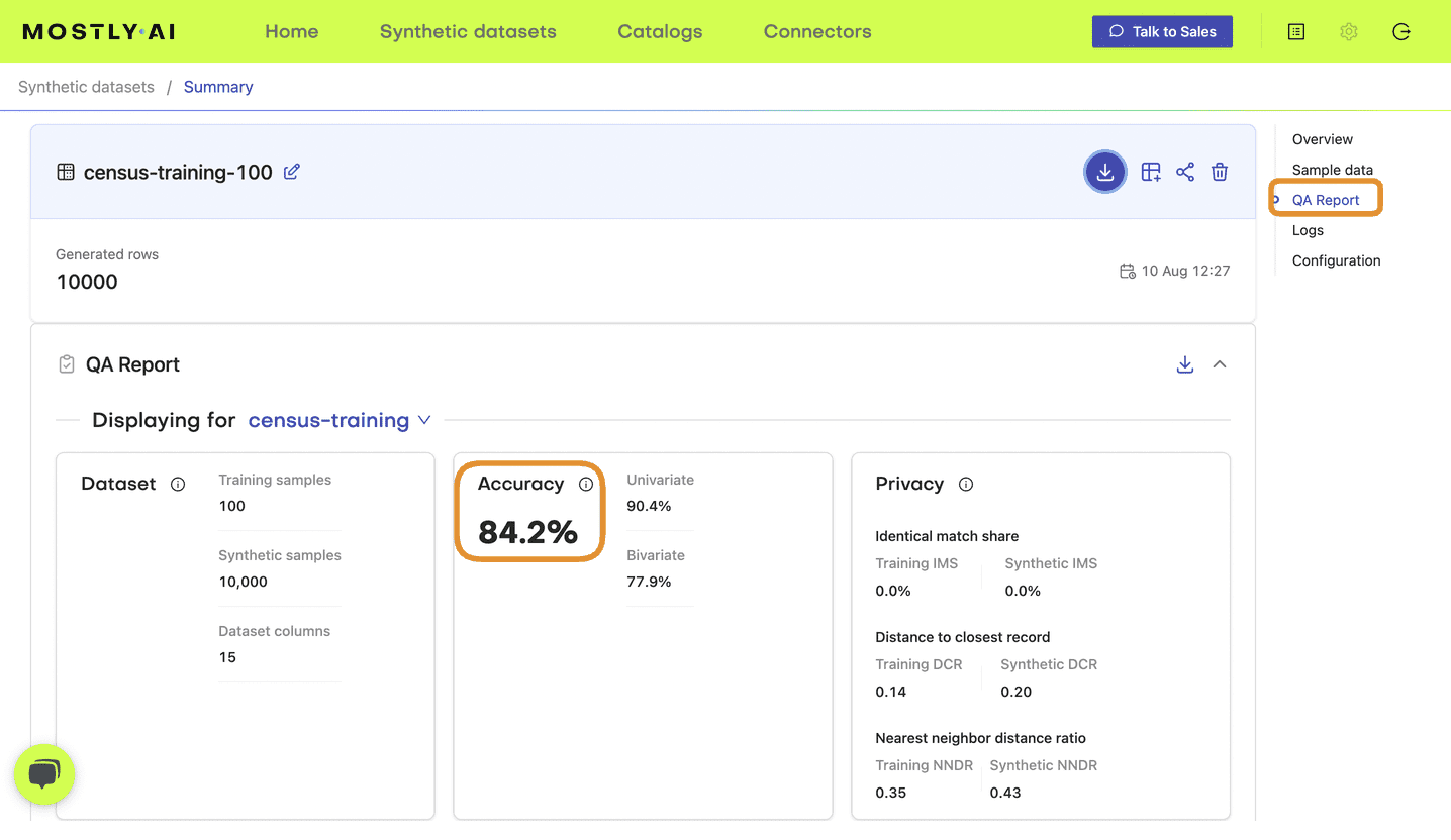 Synthetic data accuracy in MOSTLY AI's QA report