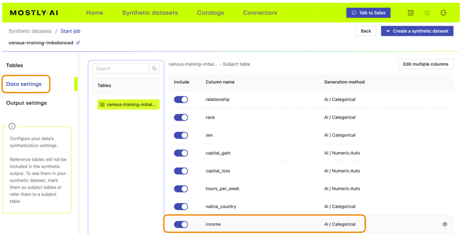 Data settings for synthetic data generation